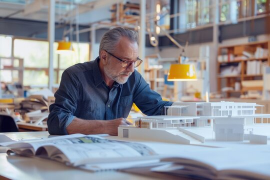 Architect analyzing building models - A concentrated architect examining architectural models and blueprints on his worktable