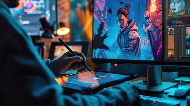 Artist creating digital illustrations on tablet - A digital artist immersed in crafting spectacular illustrations on a graphics tablet, capturing imagination and design