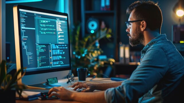 Focused programmer coding late at night - An intense visual of a coder deeply concentrated on programming in a dimly lit room