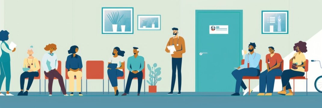 Cartoon illustration of diverse people in waiting room - Illustration depicting a variety of individuals sitting in a waiting room with a colorful and inclusive vibe
