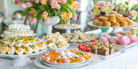 Easter brunch buffet. Food and snacks, variety of meats, cheese selections, eggs and pastries. Colorful spring flowers decoration. Gastronomy catering concept - 749089012