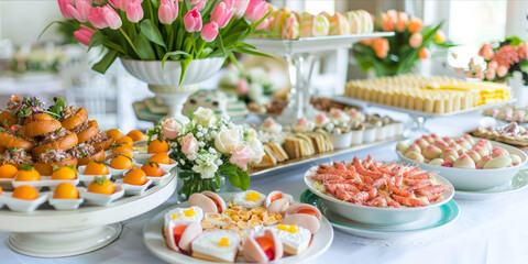 Brunch buffet. Food and snacks, variety of meats, cheese selections, eggs and pastries. Colorful spring flowers Easter decoration. Gastronomy catering concept