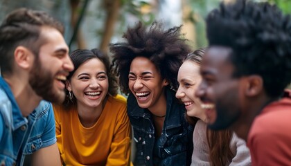 group of young college friends laughing together diverse group male female happy joy hysterical - obrazy, fototapety, plakaty