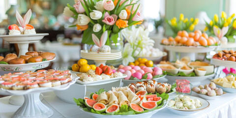 Easter brunch buffet with food and snacks, variety of meats, cheese selections and pastries. Spring flowers decoration. Catering gastronomy concept - obrazy, fototapety, plakaty