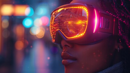 A woman's face with brightly colored lighting reflections and high tech goggles.  - obrazy, fototapety, plakaty