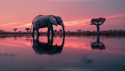 Keuken spatwand met foto An elephant walks through water with its reflection mirrored below against a backdrop of a pink-hued sunset and baobab trees © Seasonal Wilderness
