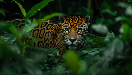 In the dense greenery of the rainforest, a jaguar with striking spots carefully watches its surroundings