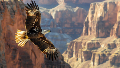 Fototapeta premium An eagle soars with outstretched wings in front of a grand canyon landscape