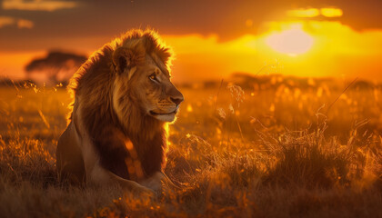 A lion rests in the savannah with a warm sunset illuminating its mane