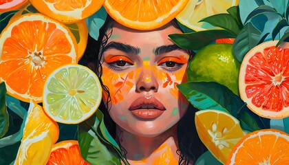woman surrounded by citrus fruit lemon orange lime grapefruit smoothie ingredients diet juice detox healthy cleanse