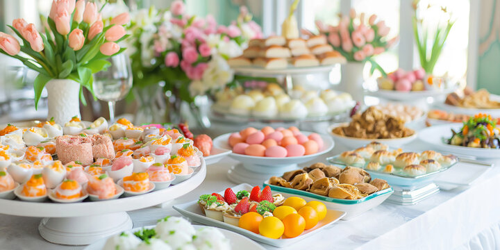 Easter brunch buffet with food and snacks, variety of meats, cheese selections, eggs and pastries. Colorful spring flowers decoration