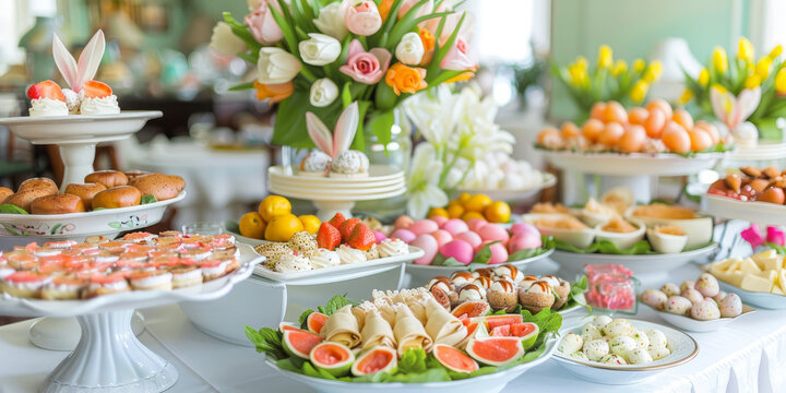 Easter brunch buffet with food and snacks, variety of meats, cheese selections and pastries. Spring flowers decoration. Catering gastronomy concept