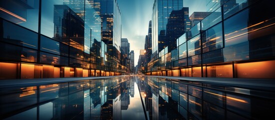 Cityscape of modern business district with glass skyscrapers and reflections - obrazy, fototapety, plakaty