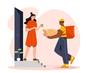 Pizza delivery concept. Man with cardboard boxes and red backpack near woman client. Italian cuisine, cafe and restaurant. Fast food and takeaway eating. Cartoon flat vector illustration