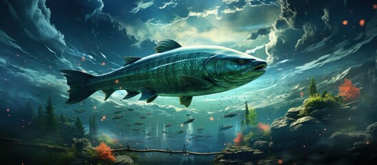 Fantasy landscape with a big fish in the ocean.