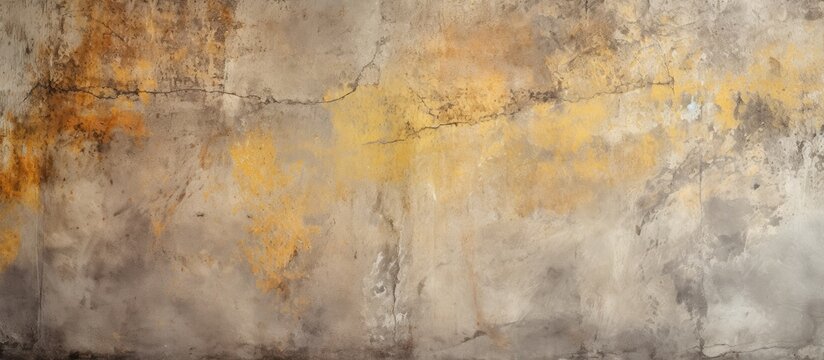 A close-up view of a grey raw polished concrete wall with a prominent yellowish brown paint stain across its surface, creating a striking contrast.
