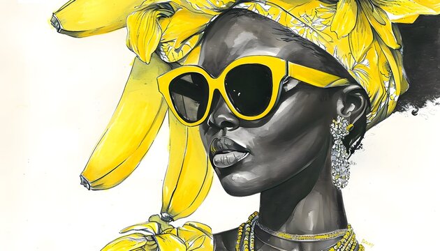 sketch drawing of a black woman wearing a yellow bandana and sunglasses banana summer fashion model