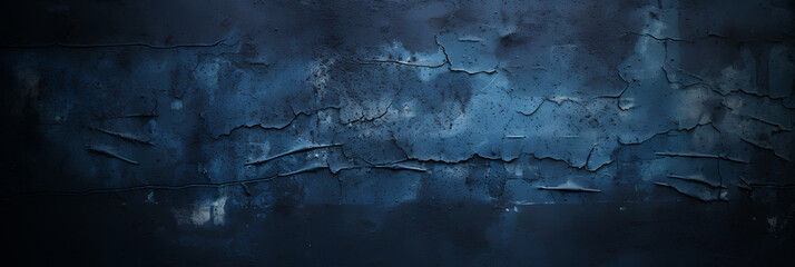 Navy grunge background with scratches dirty blue cement textured wall. Vintage wide long backdrop for design web banner