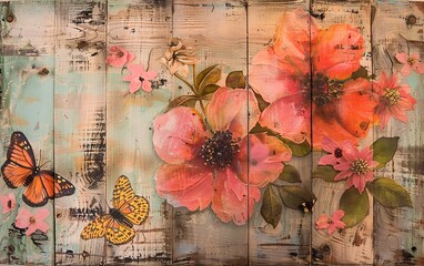 a panel of colourful paintings and a butterfly flower on a wooden plank background. for template graphic design artwork. presentation. advertisement. copy text space.