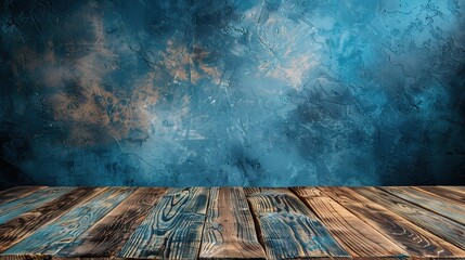 Empty wooden table for product presentation on an abstract blue background - obrazy, fototapety, plakaty