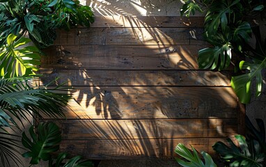 Wooden plank table with tropical plantes and leaves around frame background. Template for product presentation. advertisement. invitation. copy text space.
