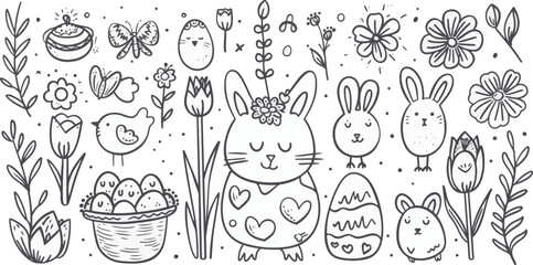Collection of Easter-themed vector graphics featuring eggs, bunnies, and other symbols of the season