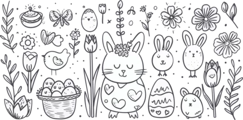 Fototapeten Collection of Easter-themed vector graphics featuring eggs, bunnies, and other symbols of the season © Emiliia