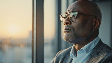 Portrait of successful African male executive looking out the window with serious expression, thinking about new business planning and strategy