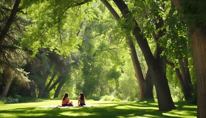 Two people sitting in a Green Forest having a picnic under tall trees summer sunlight 