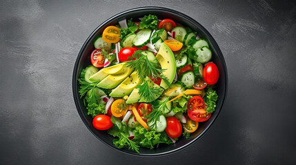 Fresh salad with avocado, cherry tomatoes, cucumbers and dill in bowl on dark background