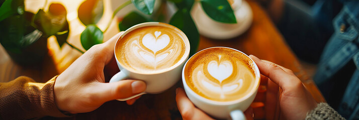 Close-up of couple's hands drinking heart-shaped cafe au lait.