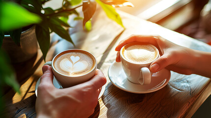 Close-up of couple's hands drinking heart-shaped cafe au lait.