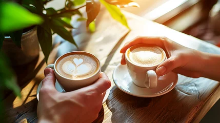 Rolgordijnen Close-up of couple's hands drinking heart-shaped cafe au lait. © Doraway