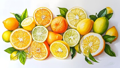 arrangement of lemons limes and oranges citrus fruits isolated on white drawing whole and cute in half 