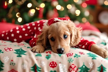 cute adorable Christmas puppy dog wearing festive red pajamas sleepy tired look laying on bed with Christmas tree in background 