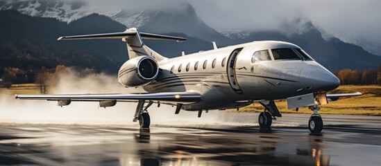 Small private jet on a background of snow-capped mountains.