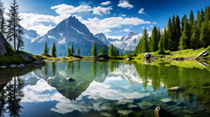Spectacular Panorama of Untouched Wilderness: Lake, Foliage, and Snow-Capped Mountains
