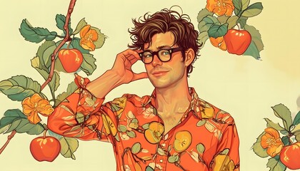 drawing of a nerdy guy with glasses apple themed shirt and apple background brown hair orange and green 