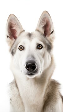 Close-Up Portrait of Siberian Husky with Piercing Eyes on White Background