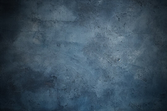 Blue grunge background with scratches. Dirty navy cement textured wall. Vintage wide long backdrop use for design web banner with scratches and cracks. Old stained dark concrete, distressed texture