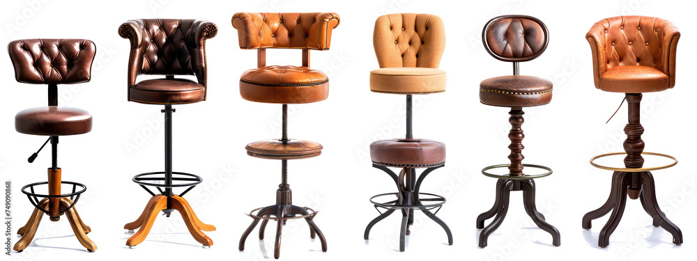 Poster assorted bar stools on white background generative ai