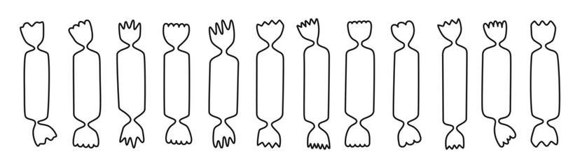 Wrapped candy linear contour symbol. Caramel bonbon lollipop chocolate, line cartoon design sweets snack set. Tasty sugar dessert food childish celebration. Wrapped caramel candy vector illustration