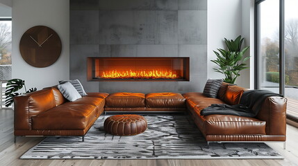 Minimalist style interior design of modern living room with fireplace, sofa, concrete walls	