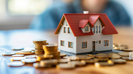 Stack money coins on the wooden table with a simulated wooden house on the background tree green nature in the garden with a copy space upper side. Business and financial loans for homes concept.