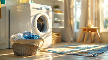 Laundry room, Empty Washing Machine With a Pile Of Dirty Cloth In The Basket in laundry Room, sunny day in Spring