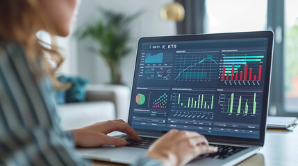 Financial Data Analyst Female Using KPI Dashboard On Laptop
