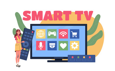 Smart tv concept. Woman with remote controller near television. Multimedia and content for users. Cinema, games and internet. Cartoon flat vector illustration isolated on white background