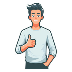 Man giving thumbs up vector illustration, happy guy showing OK gesture, approval sign, positive emotion, work done sign design template isolated on white background