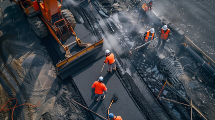 top view of Worker operating asphalt paver machine during road construction and repair works, workers and the asphalting machines, work at highway - obrazy, fototapety, plakaty