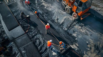 top view of Worker operating asphalt paver machine during road construction and repair works, workers and the asphalting machines road work - obrazy, fototapety, plakaty